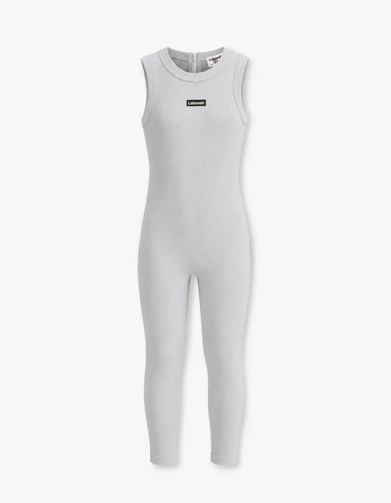 Grey ribbed romper with long pants for girls with Laboosh logo, front flat lay on white background — alt view