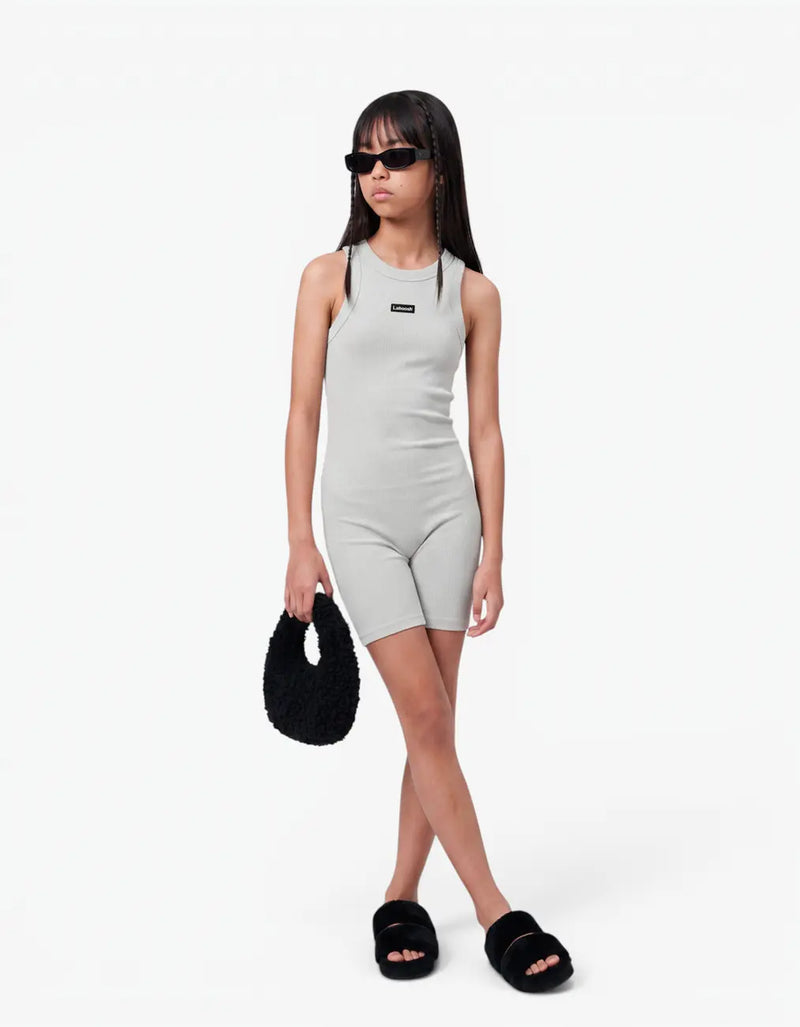 Grey ribbed short romper for girls with Laboosh logo, front view on white background