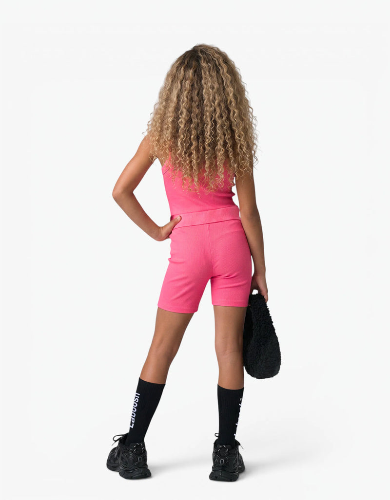 Pink ribbed tank top for girls by Laboosh™, back view, sleeveless ribbed-knit tank with matching pink biker shorts, shown on a white background — alt view