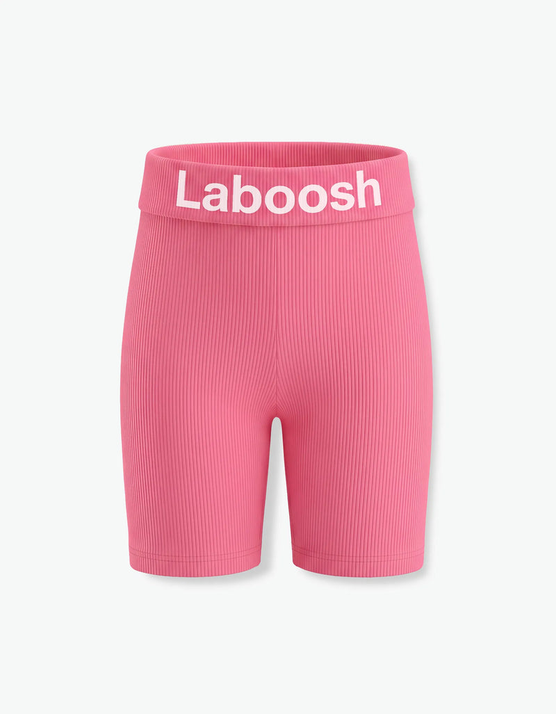 Pink ribbed biker leggings for girls with Laboosh logo waistband, flat front view on white background — alt view