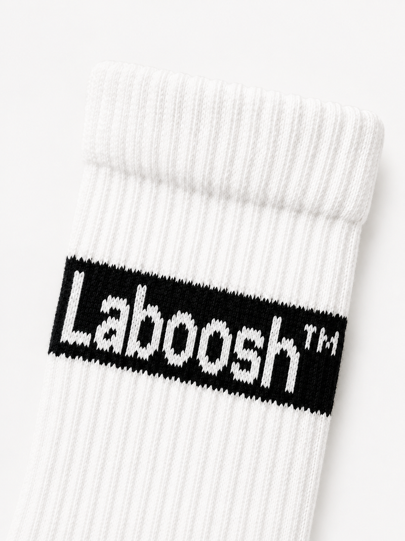 White Crew Socks – Black Box Logo Ribbed Socks | Laboosh™ — alt view