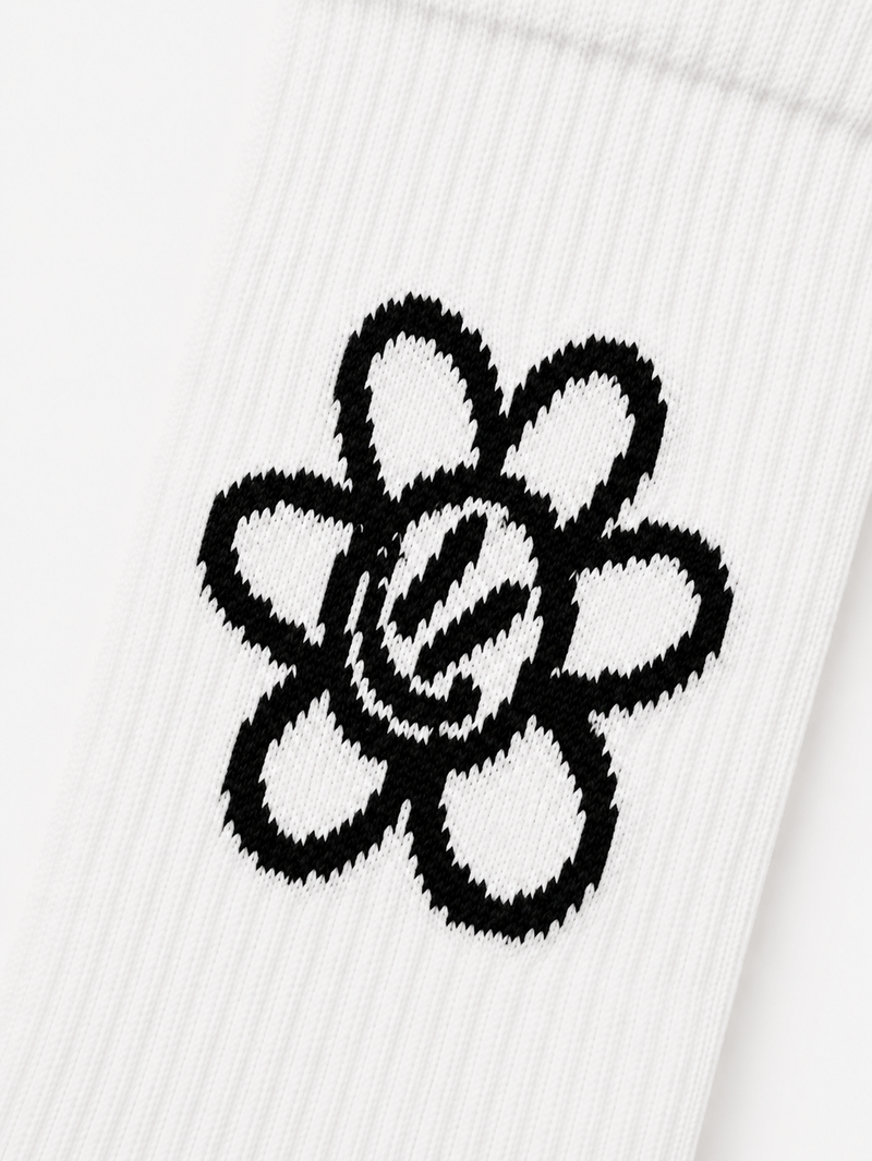 White Crew Socks – Smiley Flower Ribbed Logo Socks | Laboosh™ — alt view