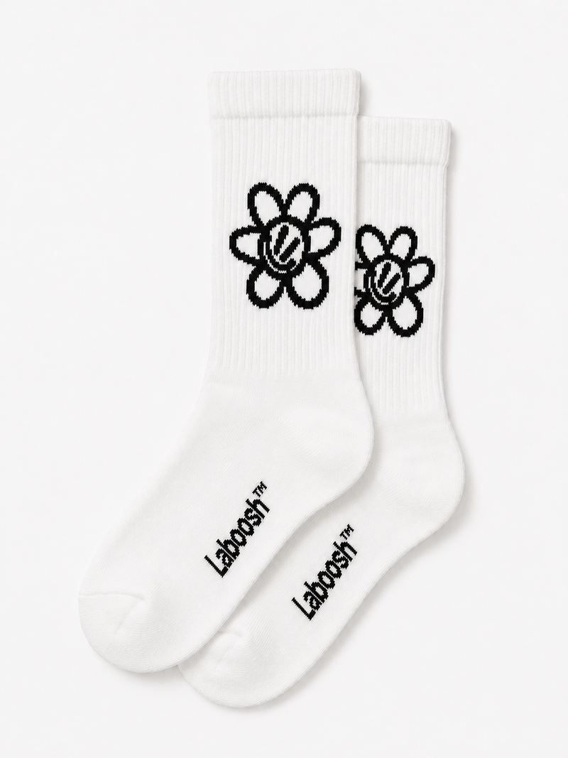 White Crew Socks – Smiley Flower Ribbed Logo Socks | Laboosh™