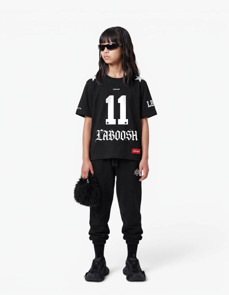 Black t-shirt from the 11:11 Make a Wish, front view, with a signature Laboosh™ print, on a white studio backdrop. — alt view