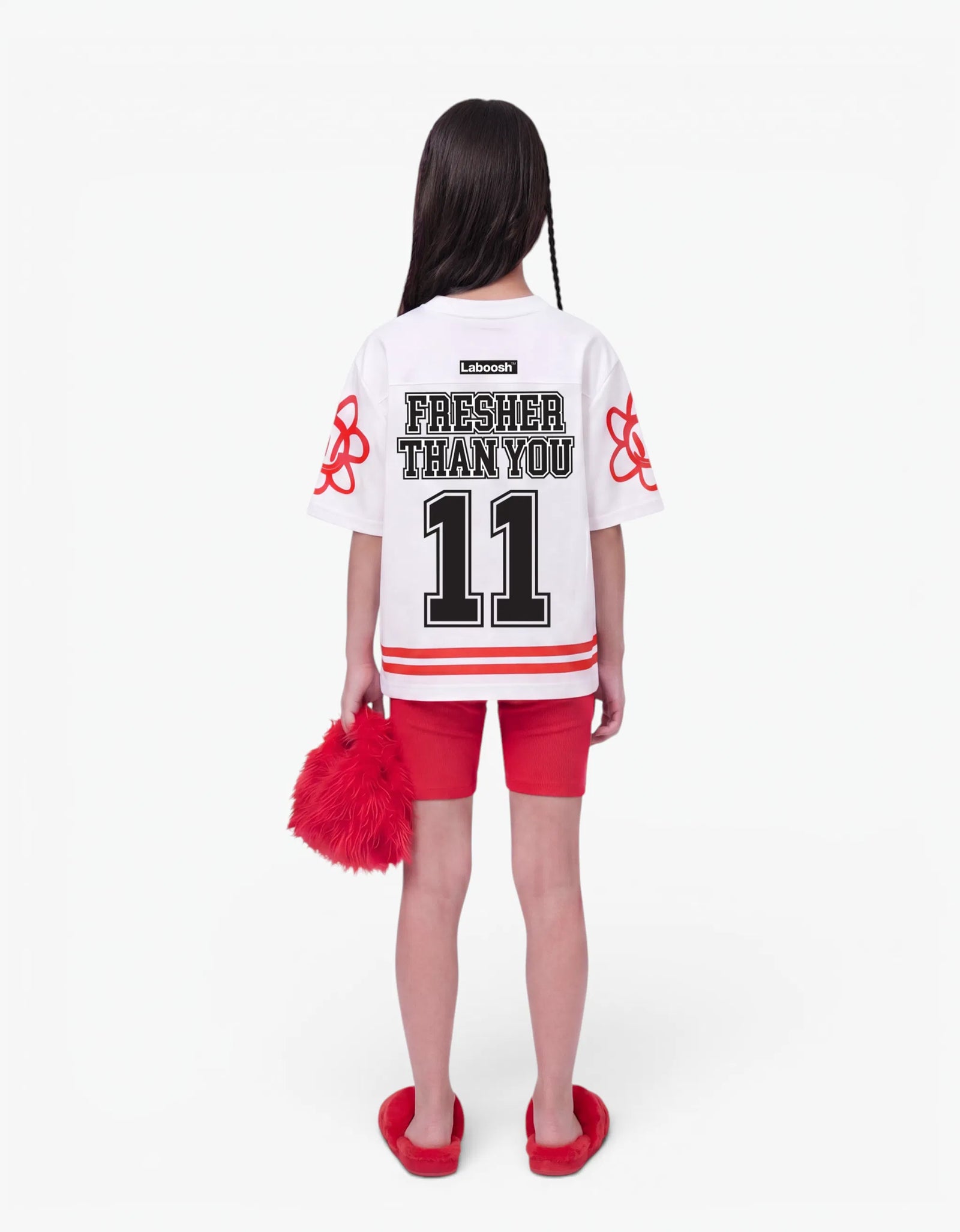 White baseball tee from the 11:11 Make a Wish, back view, with a signature Laboosh™ print, against a bright white background.