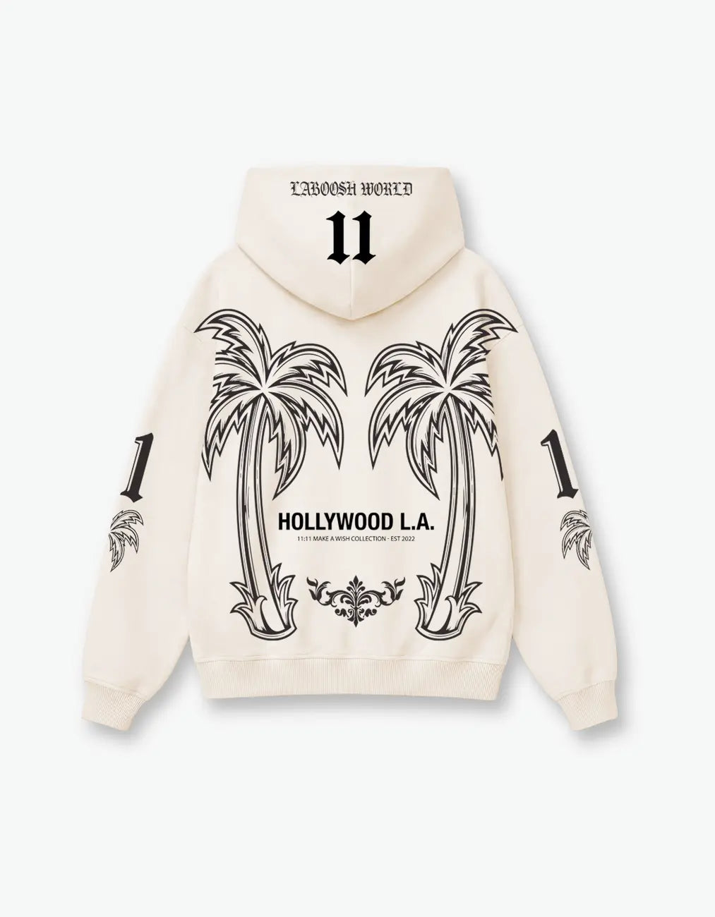 Oversized hoodie, back view — Laboosh™ branding on the chest, set against a bright white background, stretchy, lightweight and kind to skin.