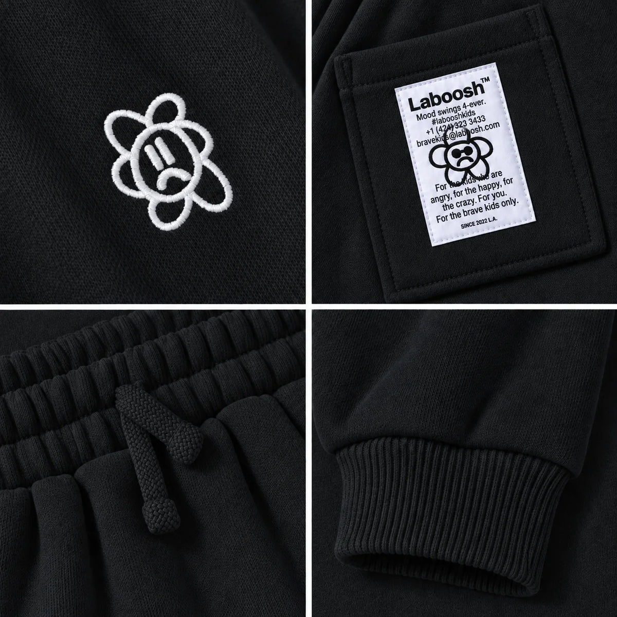Black Laboosh Cloudsoft baby joggers craftsmanship details: flower logo, back-pocket label, drawstring waistband and ribbed ankle cuff