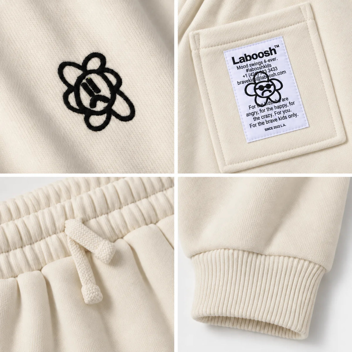Cream Laboosh Cloudsoft baby joggers craftsmanship details: flower logo, back-pocket label, drawstring waistband and ribbed ankle cuff