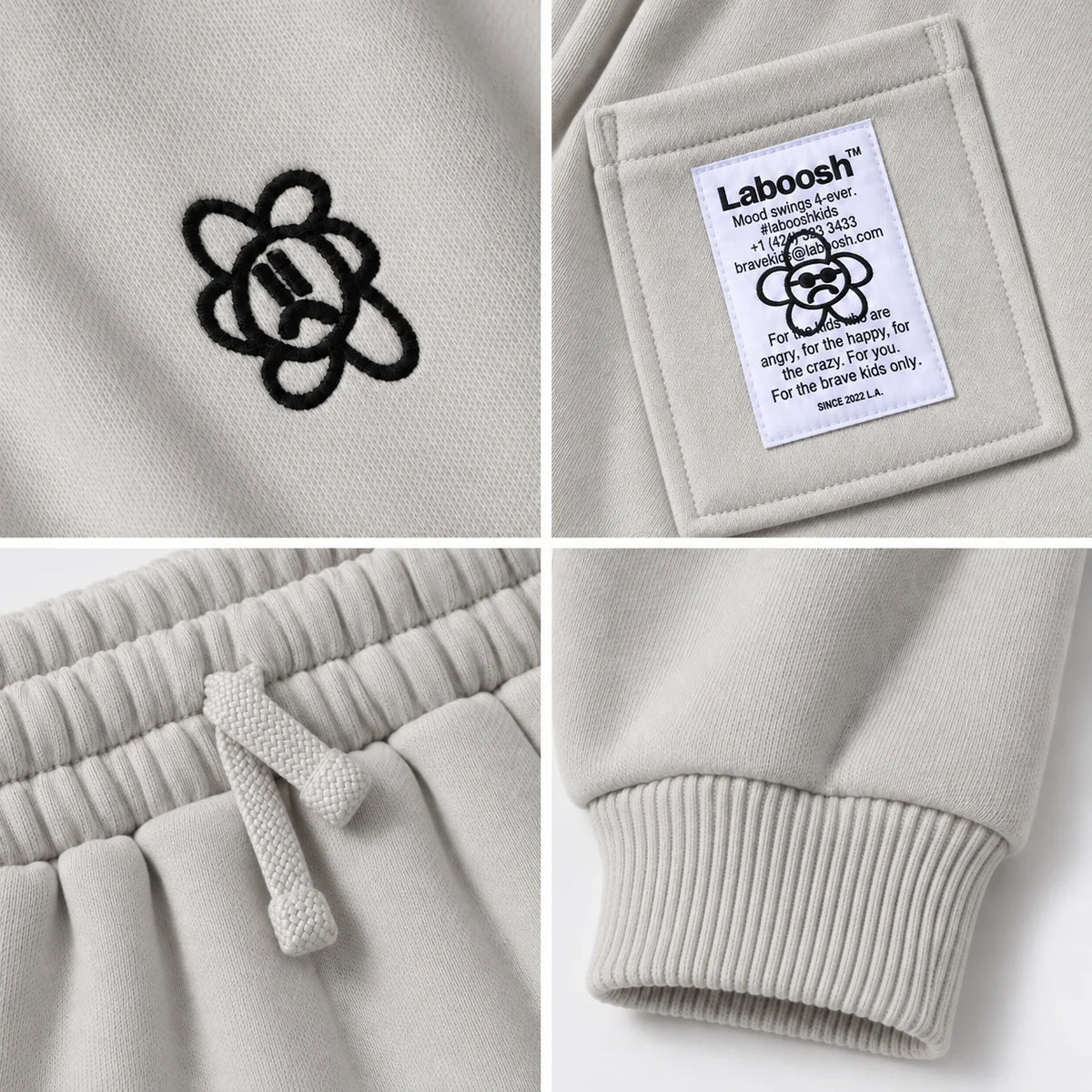 Grey Laboosh Cloudsoft baby joggers craftsmanship details: flower logo, back-pocket label, drawstring waistband and ribbed ankle cuff