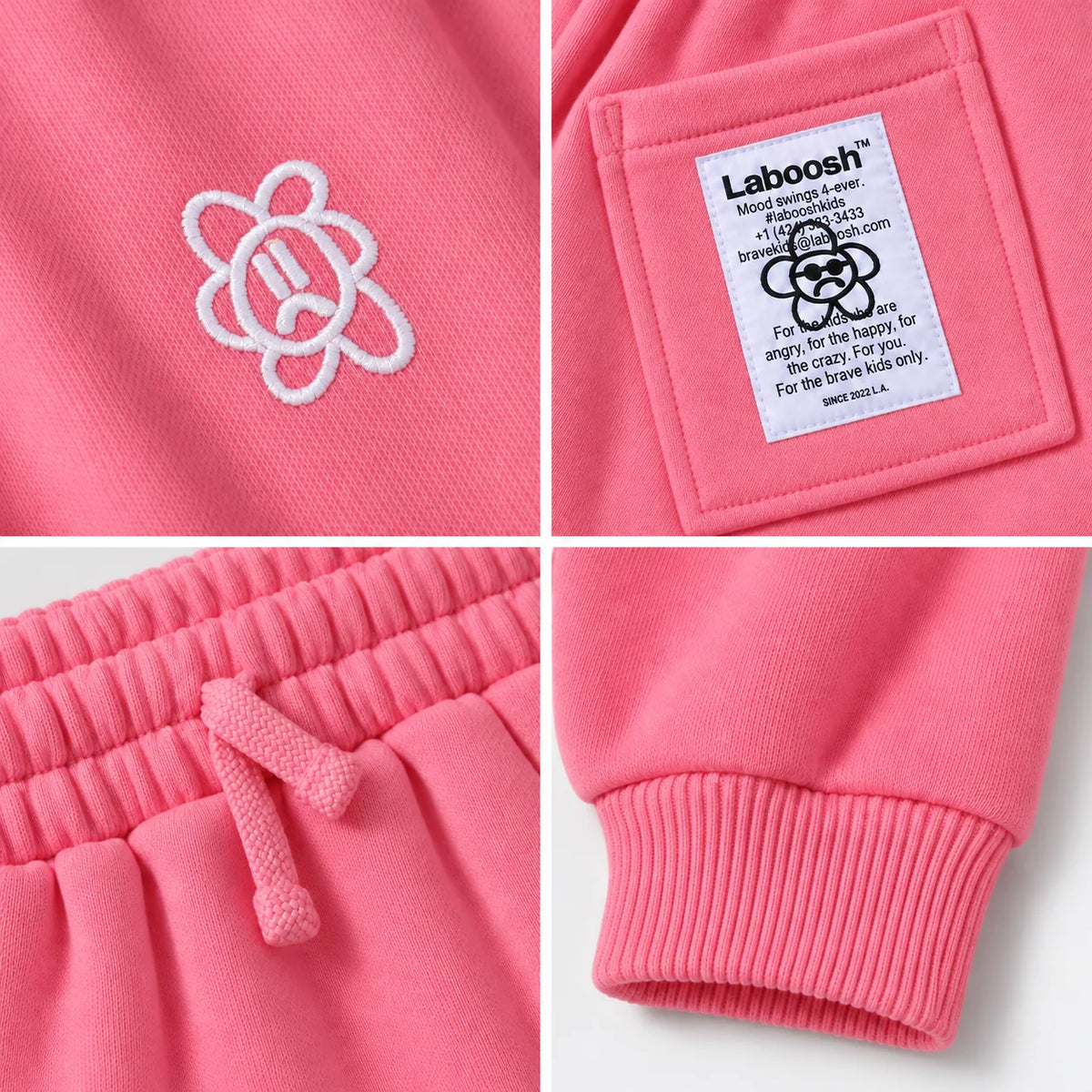 Pink Laboosh Cloudsoft baby joggers craftsmanship details: flower logo, back-pocket label, drawstring waistband and ribbed ankle cuff