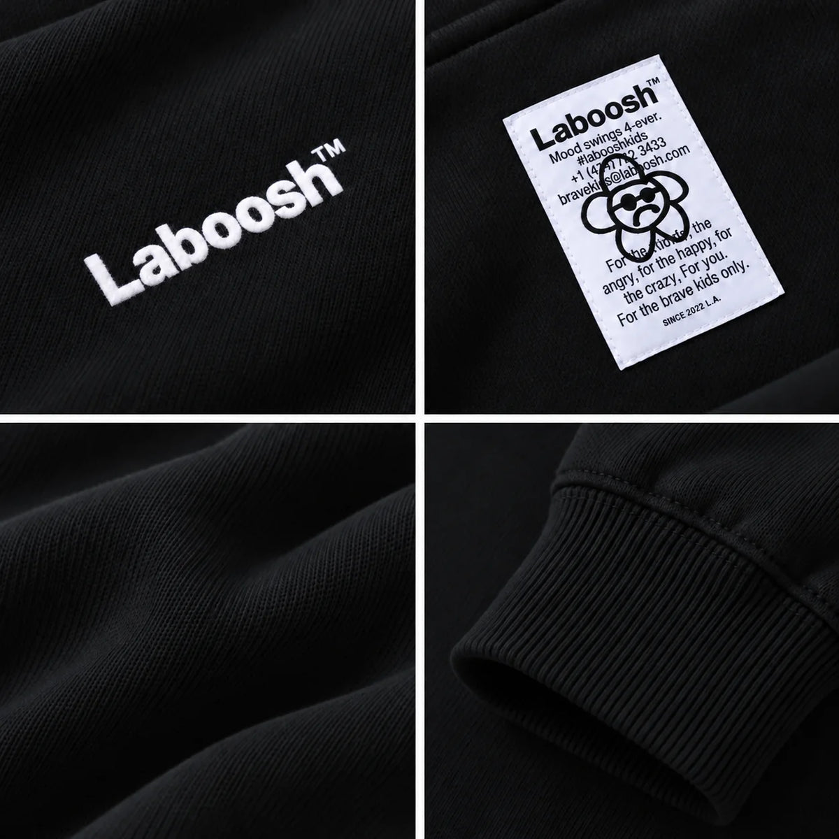 Black Laboosh hoodie details: flock-print logo, neck label, cotton fabric and ribbed cuff