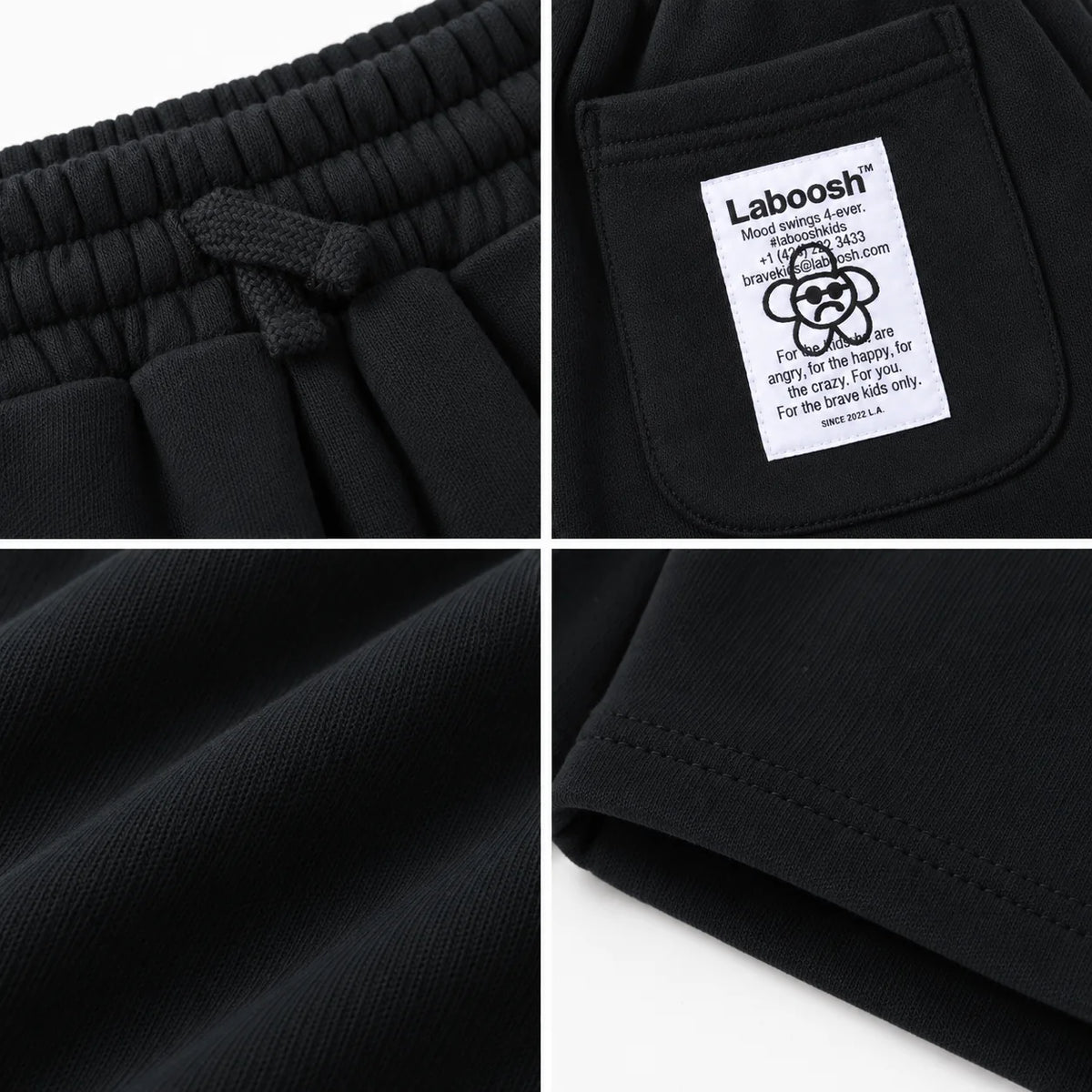 Oreo Cookie boys shorts craftsmanship details: drawstring waistband, Laboosh back-pocket label, cotton fabric and hem stitching.