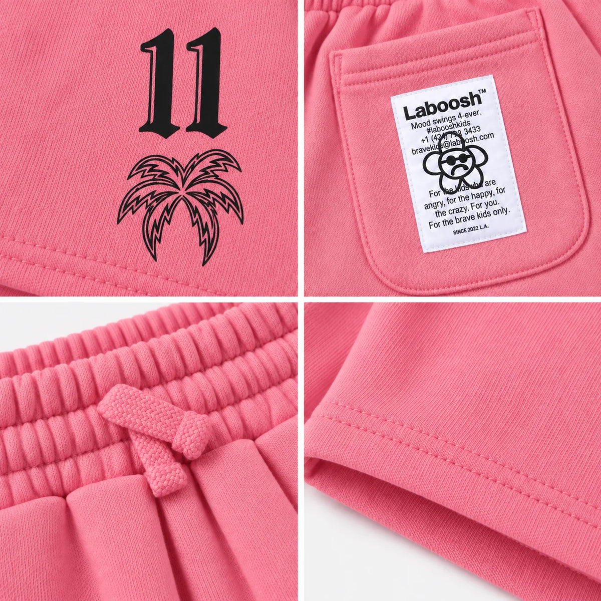 Bubblegum 11:11 Palm Trees boys shorts details: black number and palm-tree print, Laboosh back-pocket label, drawstring waistband and hem stitching.