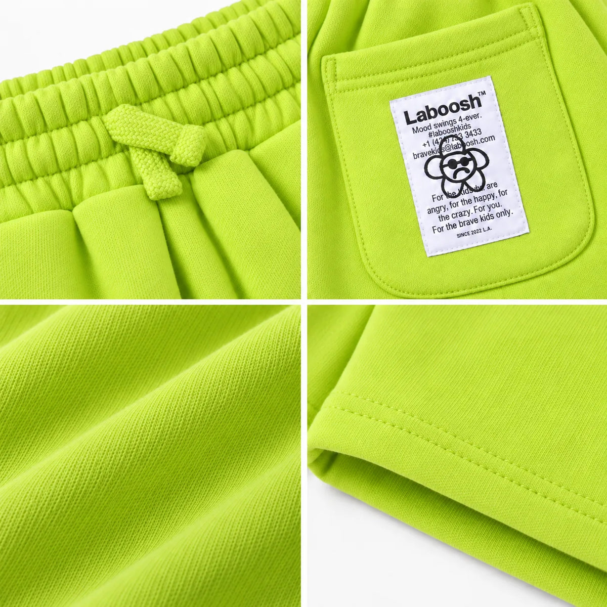 Lime green boys shorts craftsmanship details: drawstring waistband, Laboosh back-pocket label, cotton fabric and hem stitching.