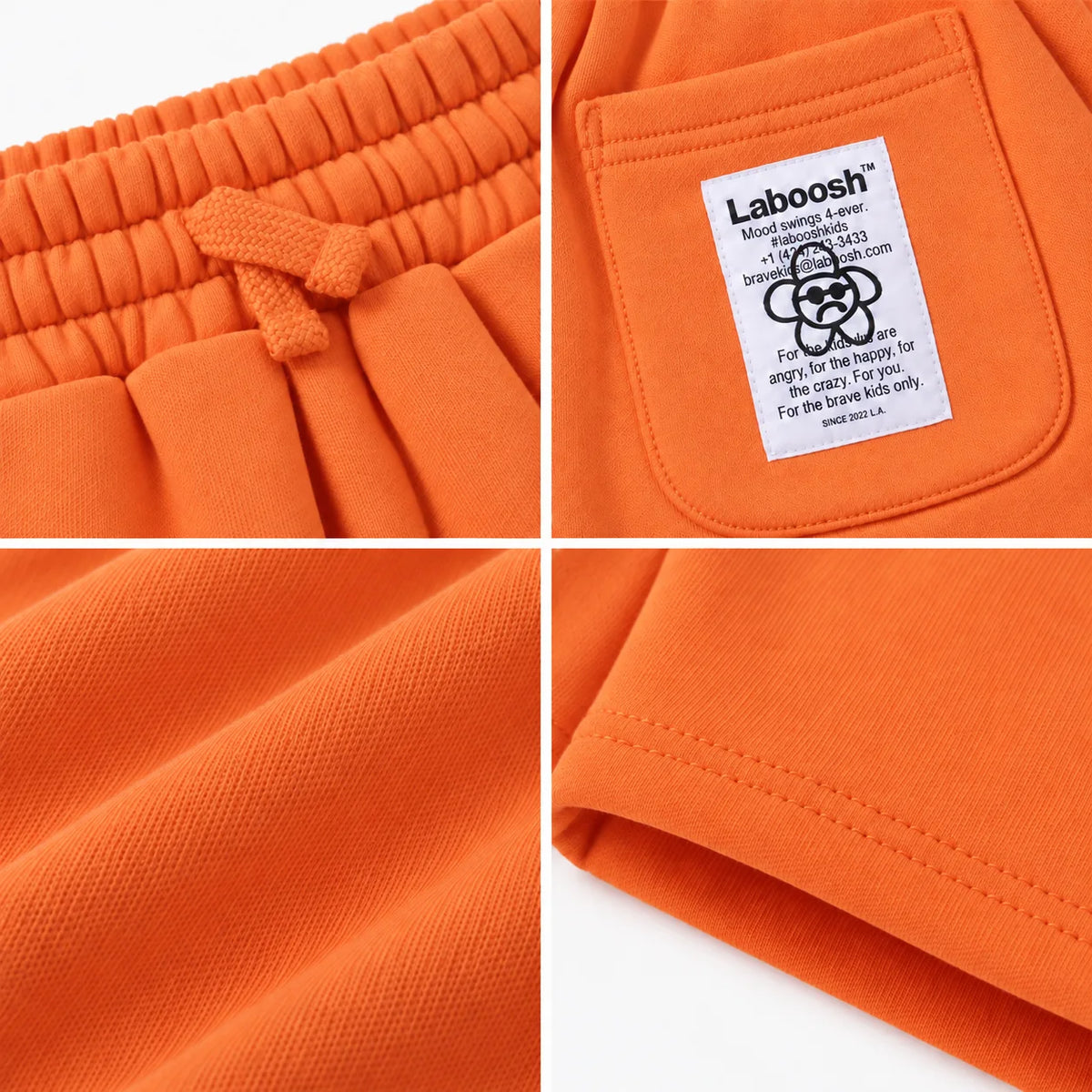 Orange Slice boys shorts craftsmanship details: drawstring waistband, Laboosh back-pocket label, cotton fabric and hem stitching.