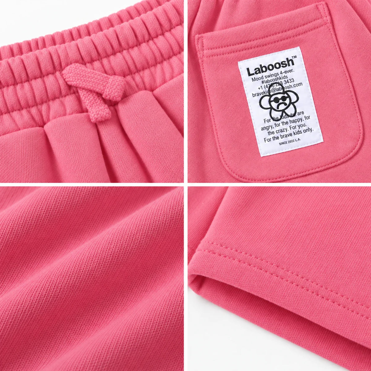 Bubblegum boys shorts craftsmanship details: drawstring waistband, Laboosh back-pocket label, cotton fabric and hem stitching.