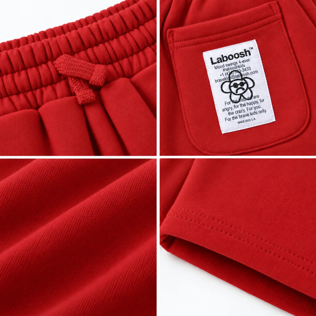 Strawberry Sauce boys shorts craftsmanship details: drawstring waistband, Laboosh back-pocket label, cotton fabric and hem stitching.