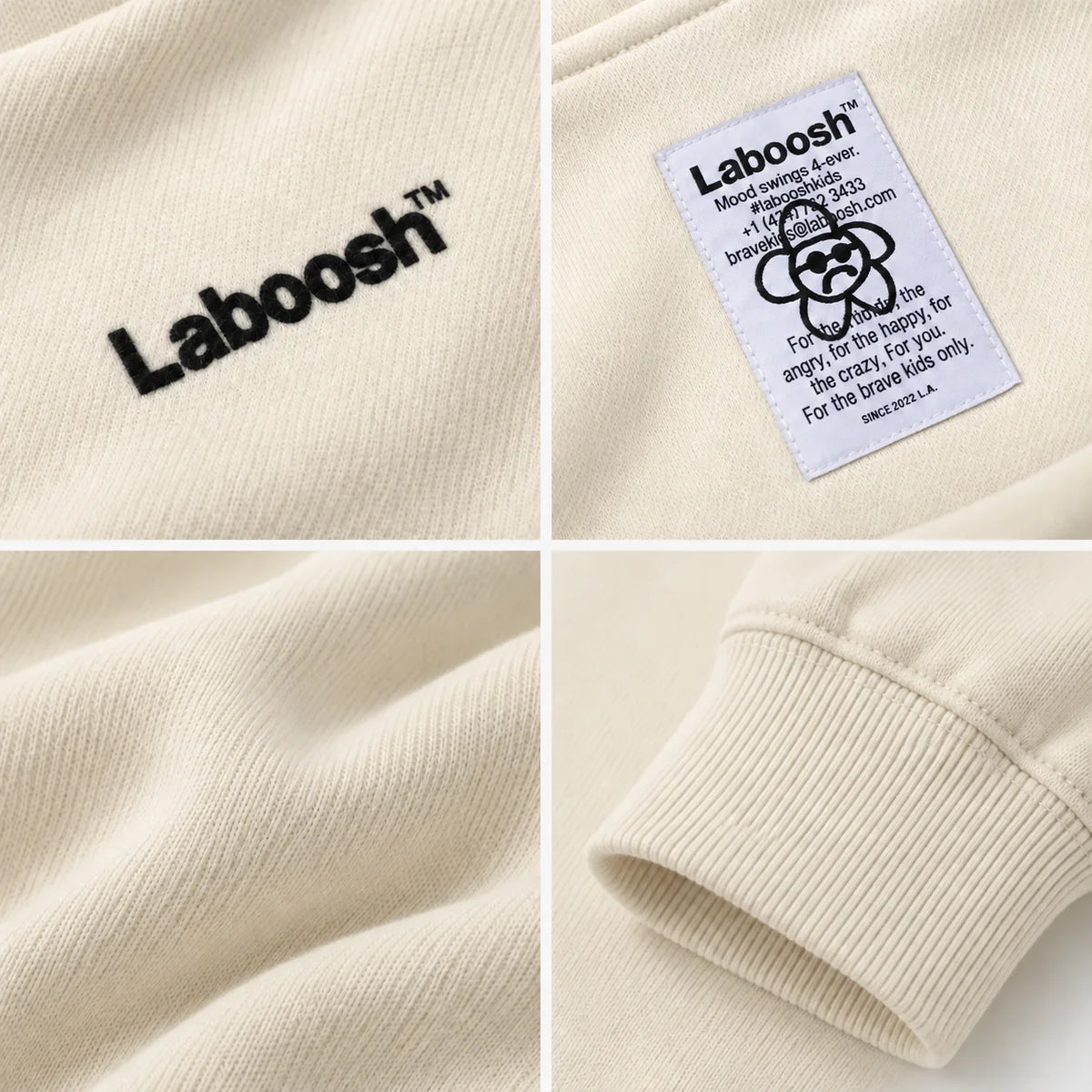 Cream Laboosh hoodie details: flock-print logo, neck label, cotton fabric and ribbed cuff