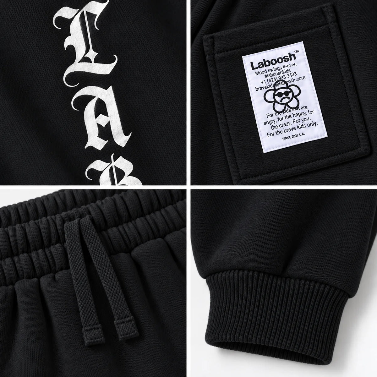 Oreo Cookie Laboosh gothic printed joggers craftsmanship details: gothic print, back-pocket label, drawstring waistband and ribbed ankle cuff