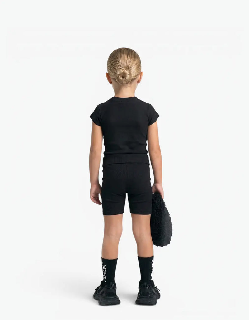 Black ribbed two-piece set on a girl, back view, featuring Laboosh™ branding on the chest, styled with matching MoodSwings pieces. — alt view