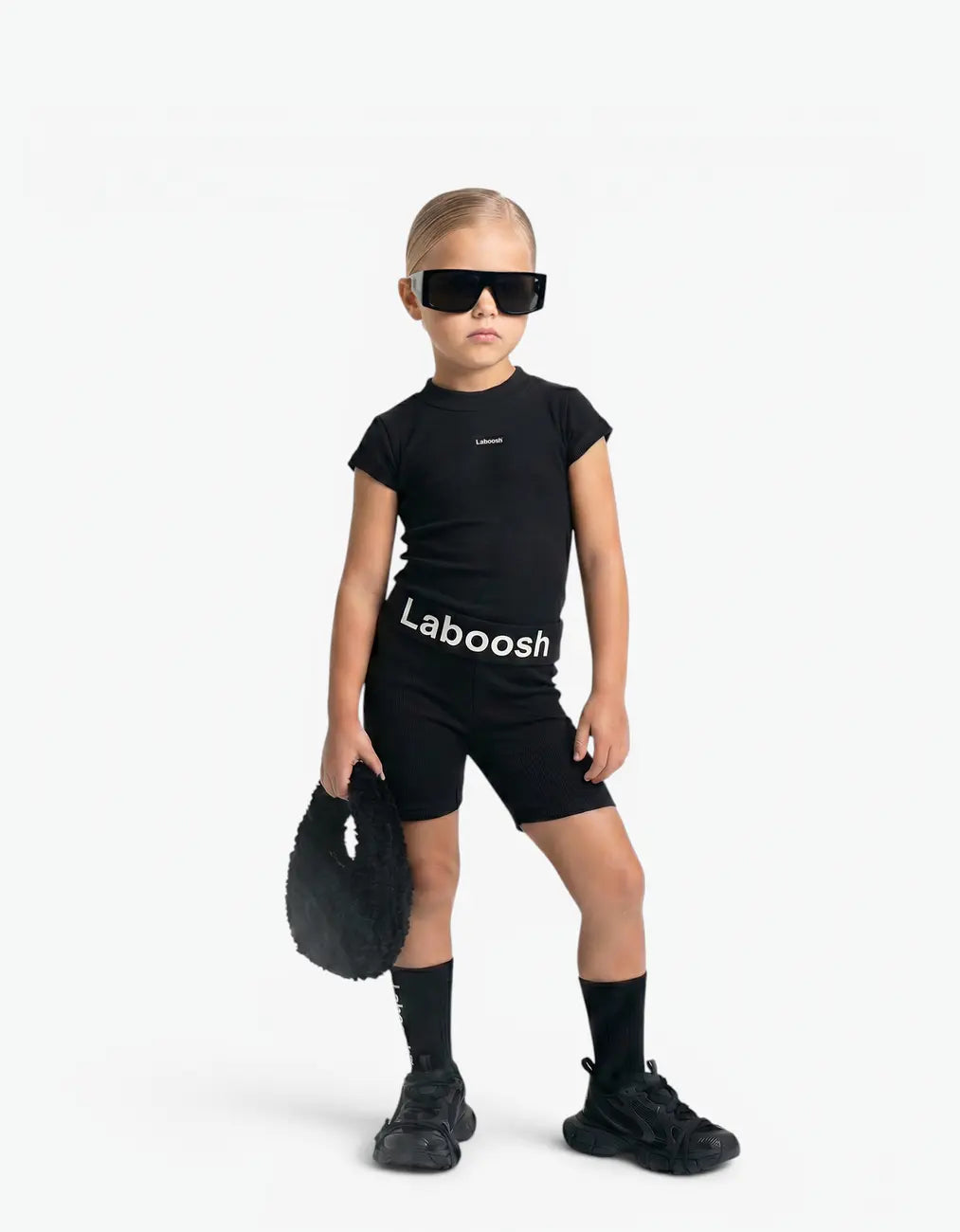 Black ribbed two-piece set, front view — Laboosh™ branding on the chest, on a white background, soft 100% cotton with a comfy stretch.