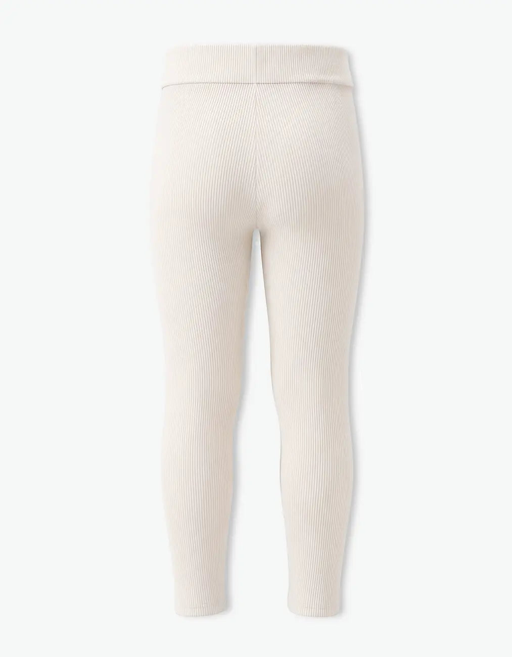 Girl wearing Cream ribbed long leggings, back view, with Laboosh™ branding on the chest, on a soft white studio background.
