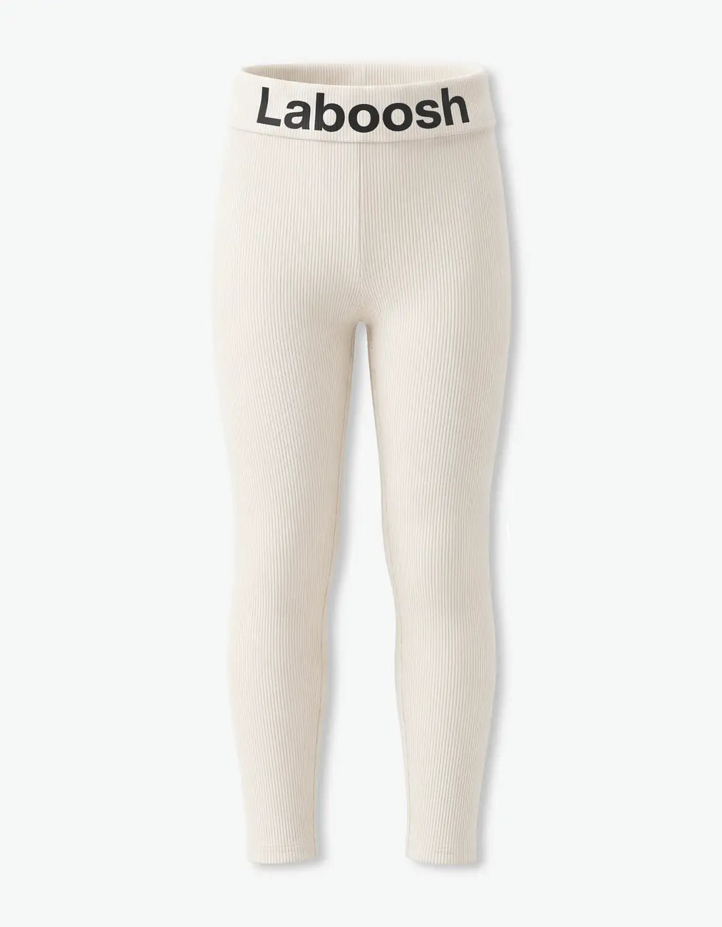 Girl wearing Cream ribbed long leggings, front view, with Laboosh™ branding on the chest, set against a bright white background.