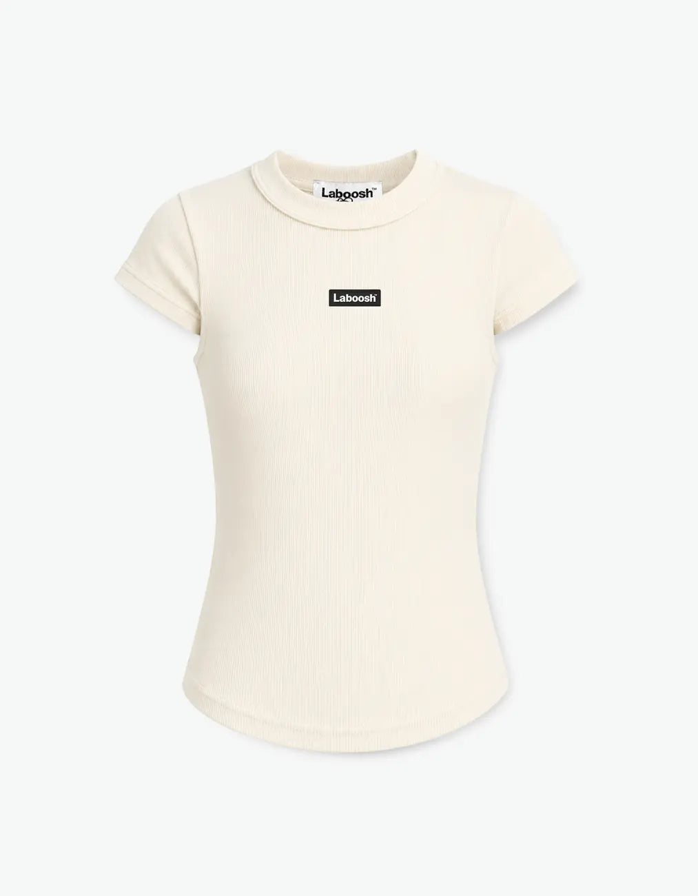 Girl wearing Cream long-sleeve top, front view, with Laboosh™ branding on the chest, captured on a plain white studio backdrop.