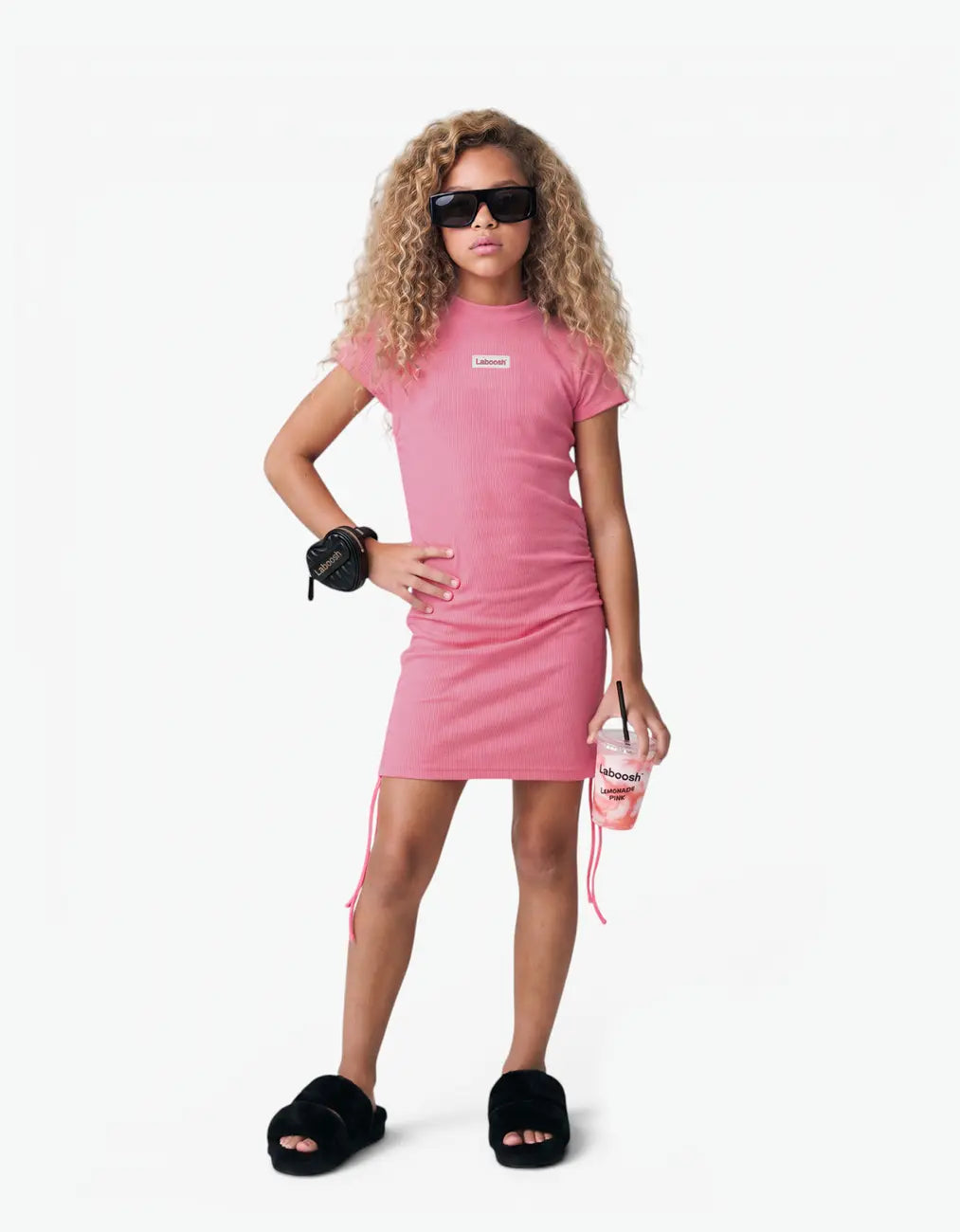 Ribbed Ruched Sleeve Dress, Pink Lemonade