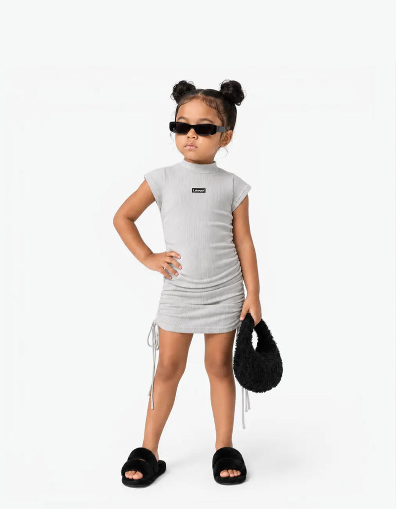 Ribbed Ruched Sleeve Dress, Cloud