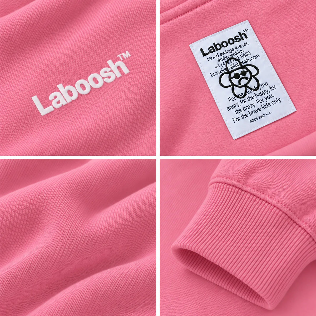 Pink Laboosh craftsmanship details: white flock-print logo, brand label, cotton fabric and ribbed finish