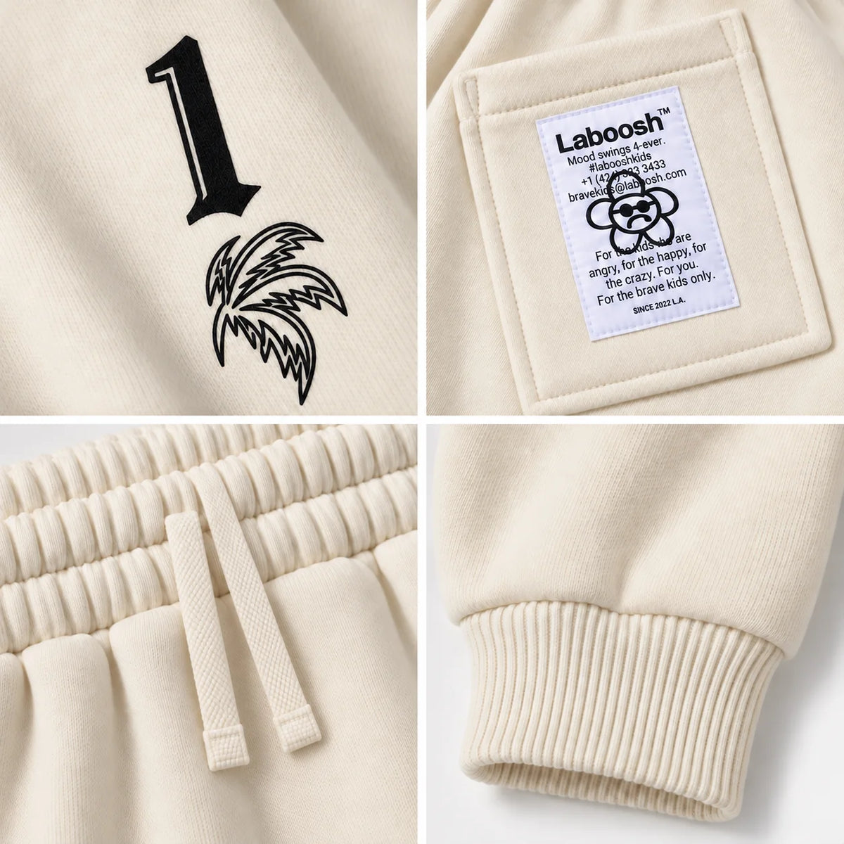 Coconut Milk Laboosh 11:11 printed joggers craftsmanship details: palm graphic, back-pocket label, drawstring waistband and ribbed ankle cuff
