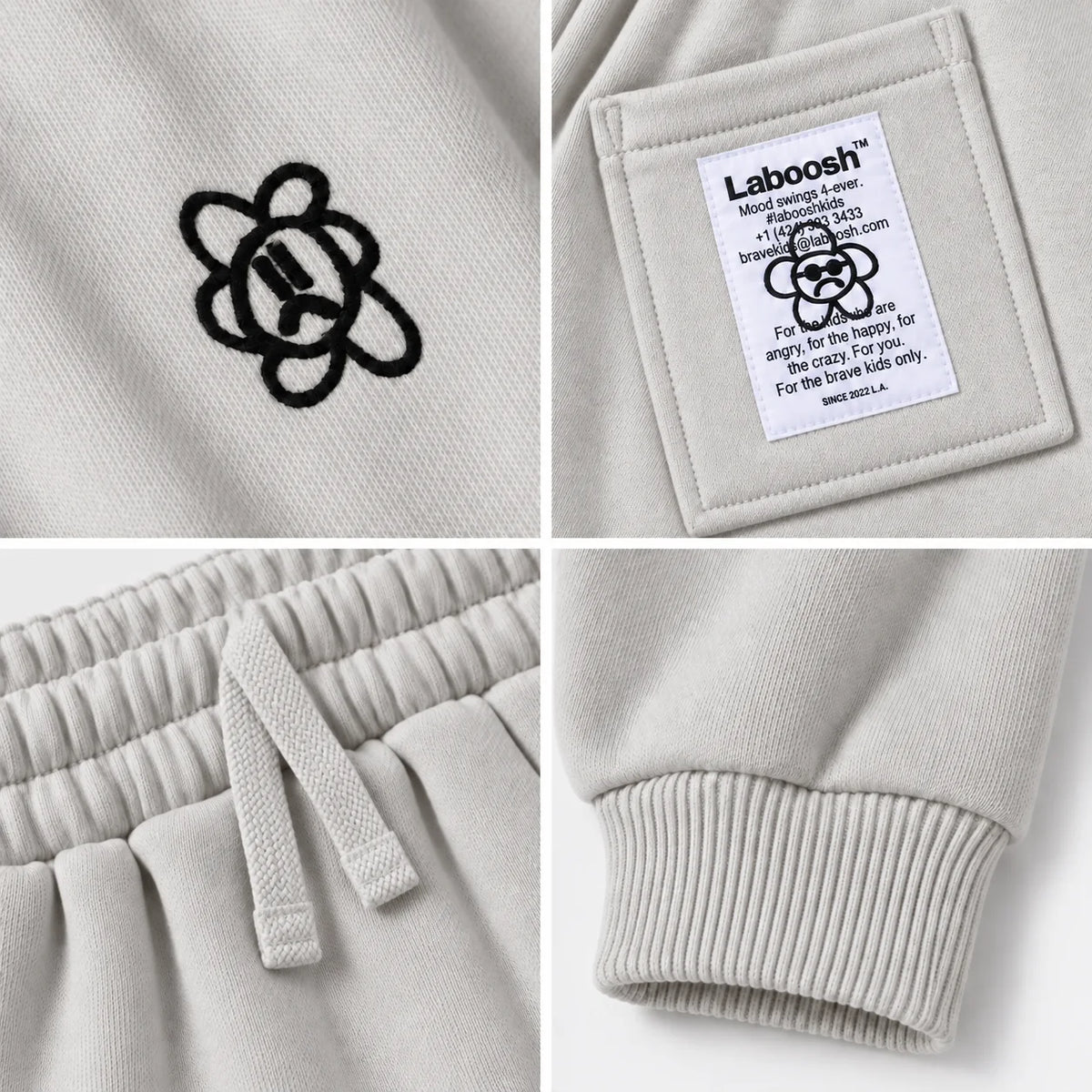 Cloud Laboosh Signature Line joggers craftsmanship details: flower logo, back-pocket label, drawstring waistband and ribbed ankle cuff