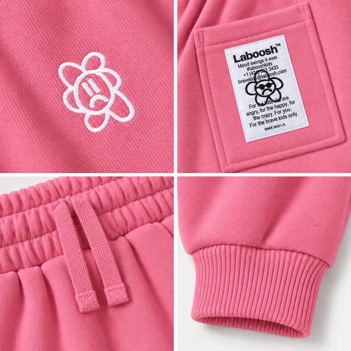 Bubblegum Laboosh Signature Line joggers craftsmanship details: flower logo, back-pocket label, drawstring waistband and ribbed ankle cuff