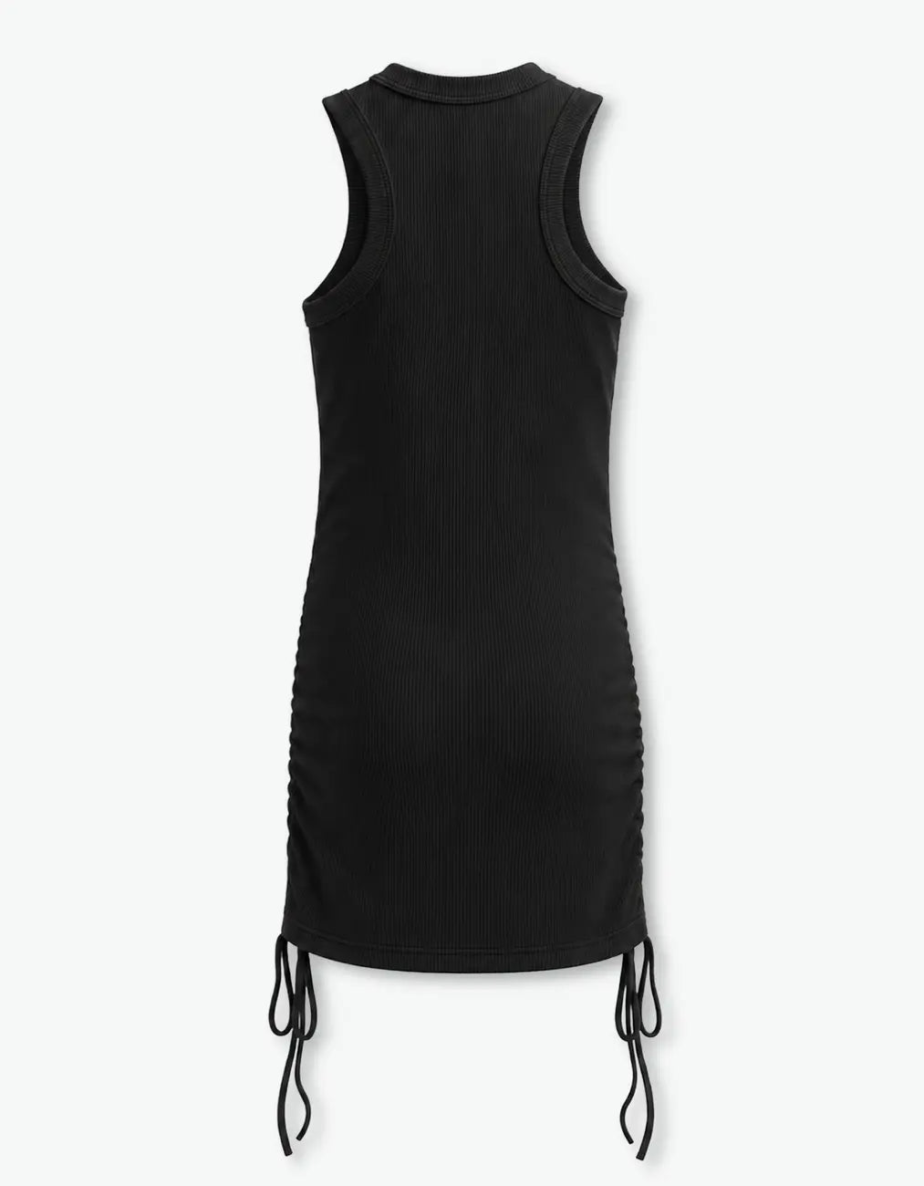 Black ribbed ruched dress flat back product shot showing the sleeveless ribbed knit and ruched side ties, on a white background