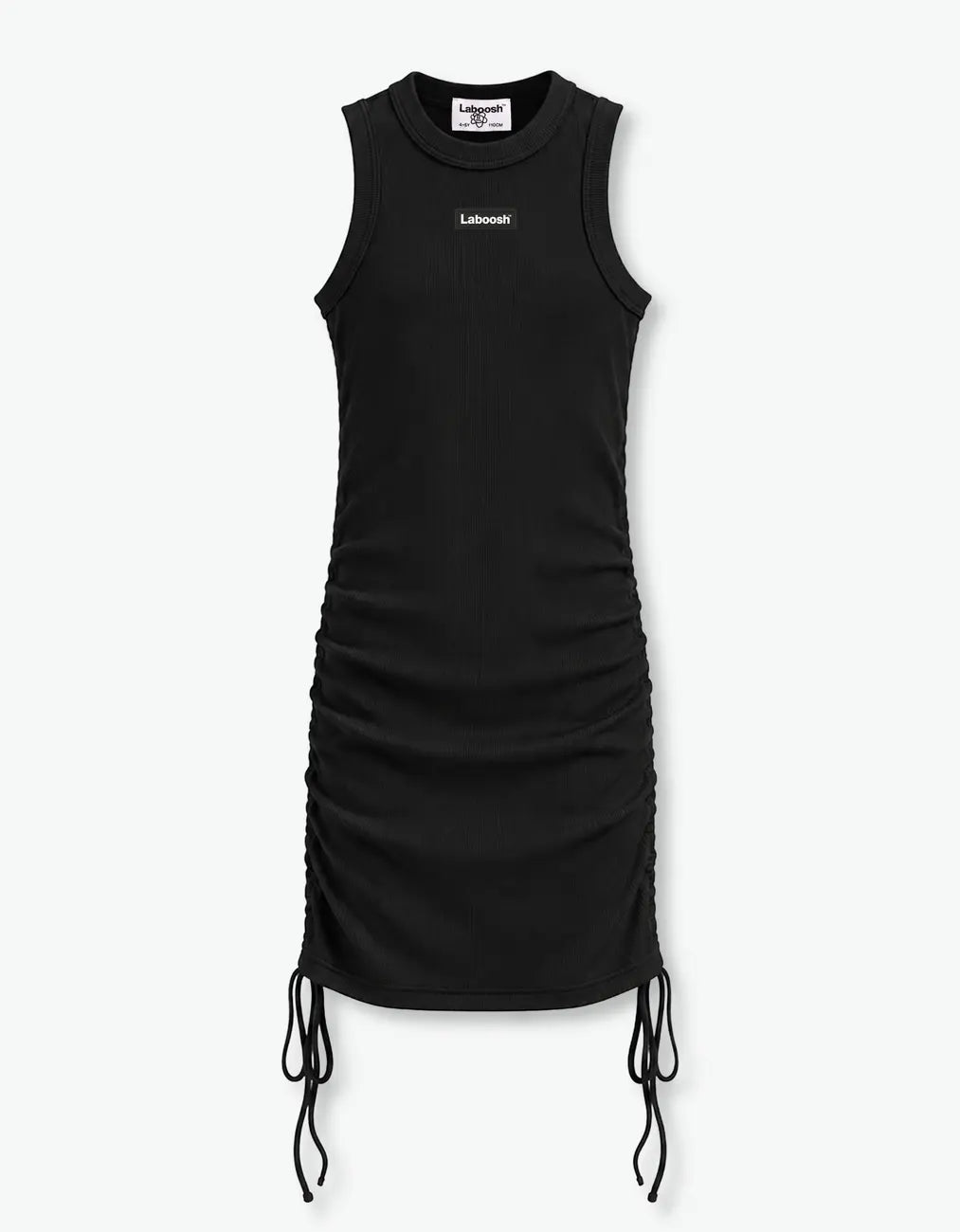 Black ribbed ruched dress flat front product shot with the Laboosh™ logo on the chest and ruched side ties, on a white background