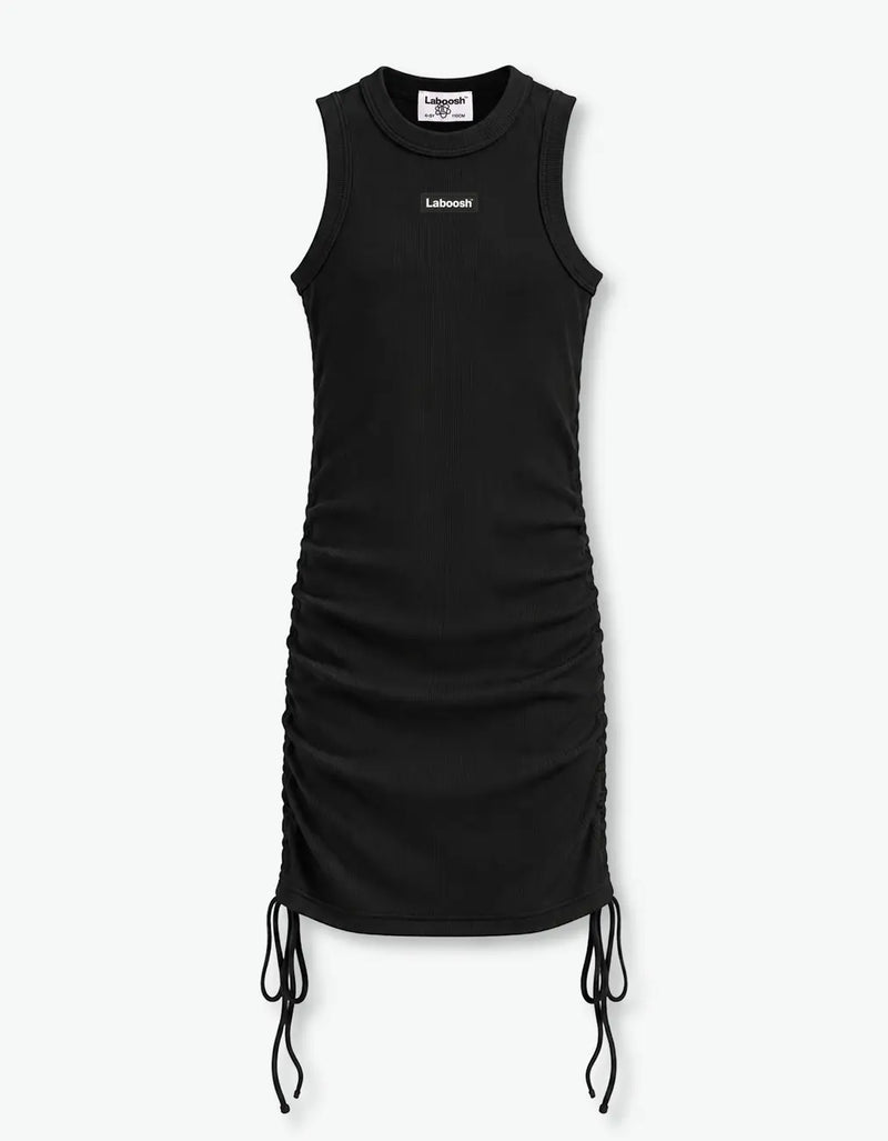 Black ribbed ruched dress flat front product shot with the Laboosh™ logo on the chest and ruched side ties, on a white background — alt view
