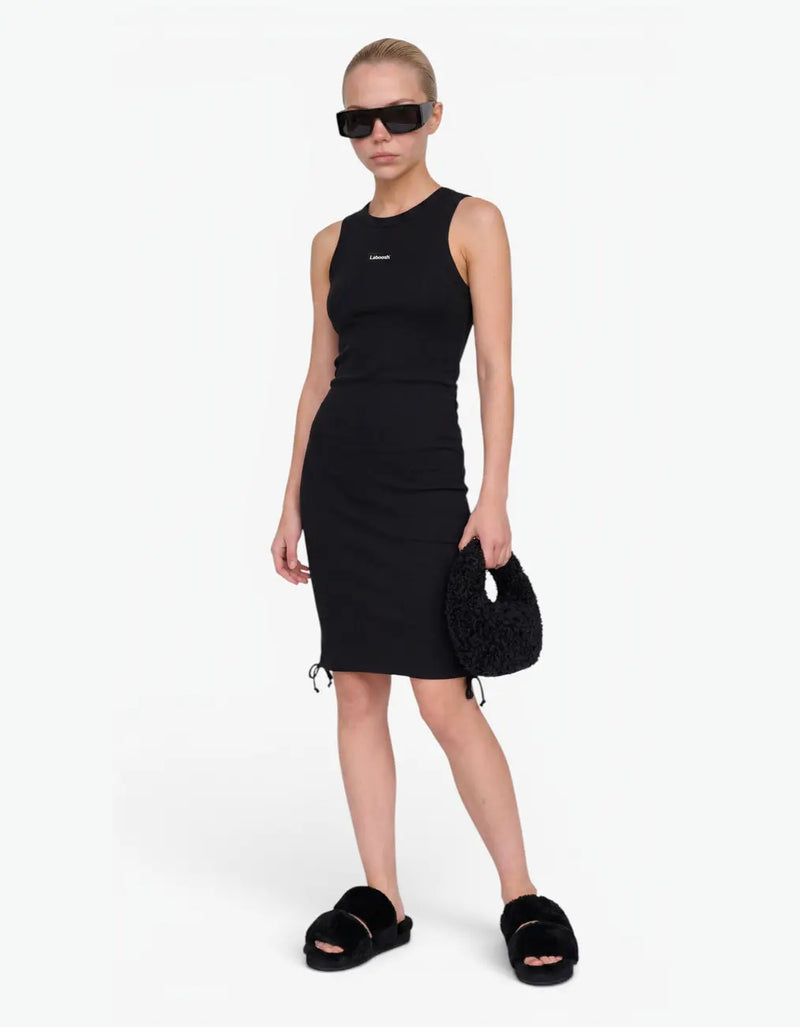 Black ribbed ruched dress for girls, front view, sleeveless fit with the Laboosh™ logo on the chest, on a white background