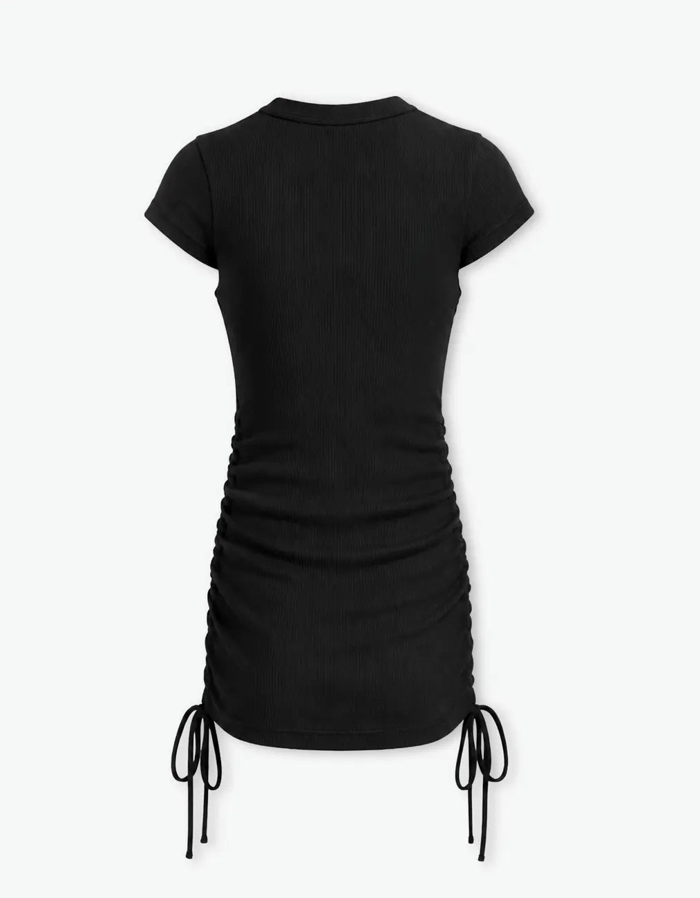 Back view of a black ribbed ruched dress for girls with short sleeves and side tie details, flat product shot on a white background