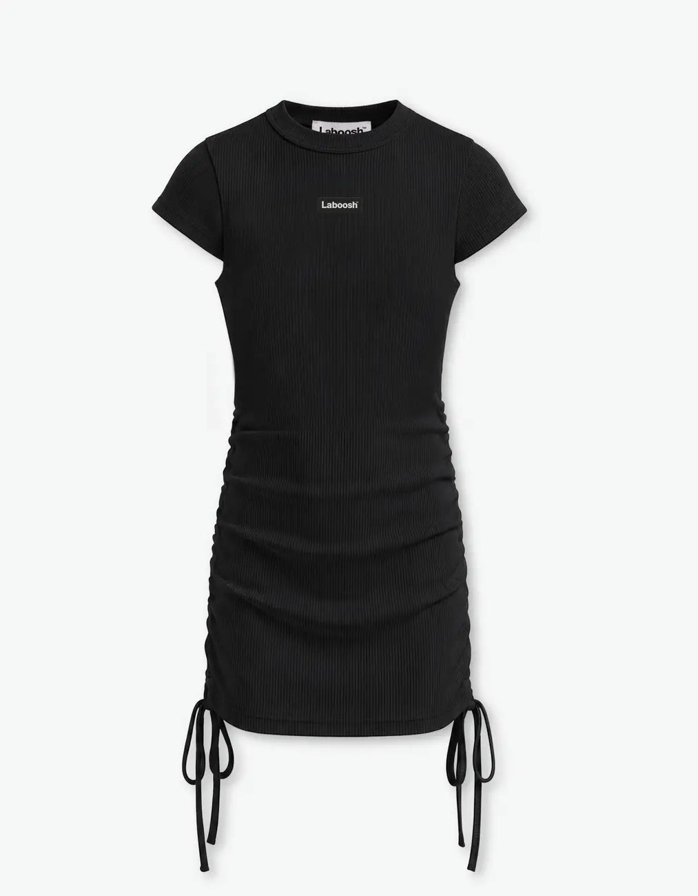 Black ribbed ruched dress for girls with short sleeves, adjustable side drawstrings and Laboosh™ logo on the chest, flat front product shot on a white background