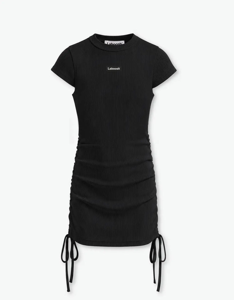 Black ribbed ruched dress for girls with short sleeves, adjustable side drawstrings and Laboosh™ logo on the chest, flat front product shot on a white background — alt view