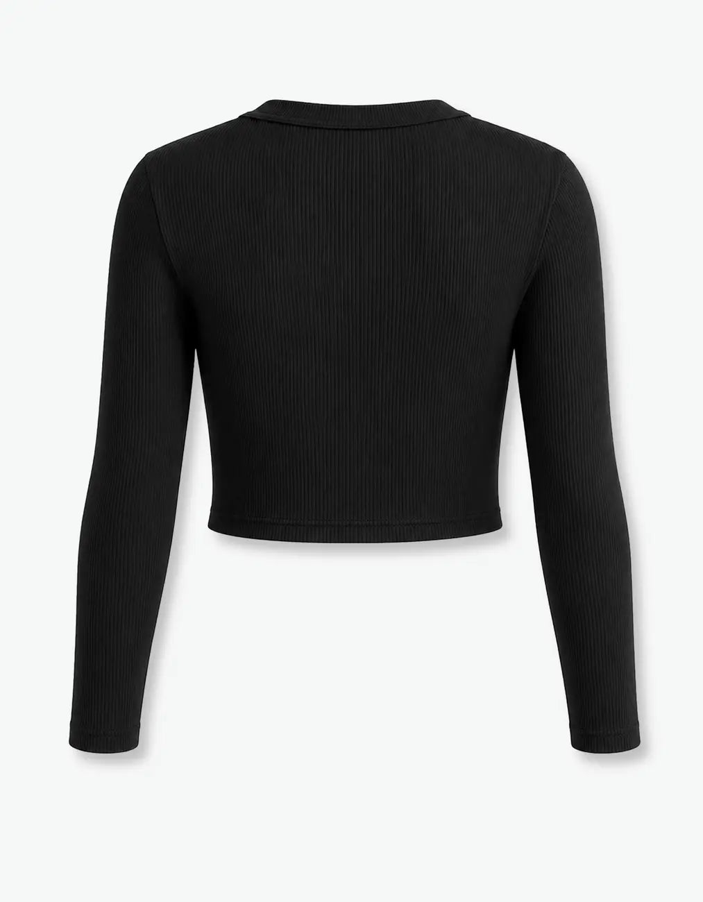 Black ribbed crop top for girls, flat back product shot showing the cropped ribbed-knit silhouette, on a white background