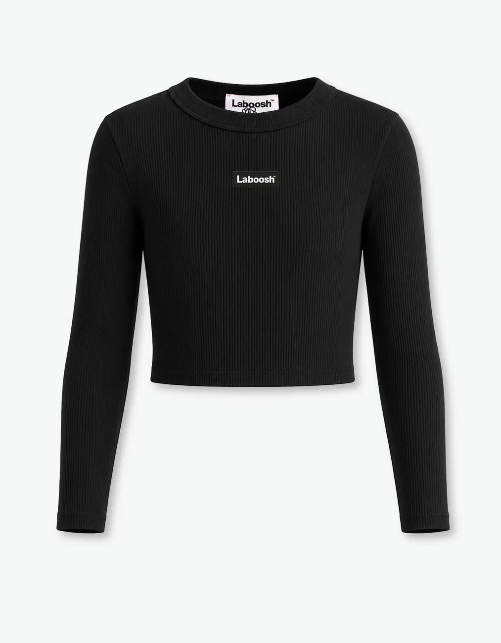 Black ribbed crop top for girls, flat front product shot, long-sleeve with Laboosh™ logo on the chest, on a white background