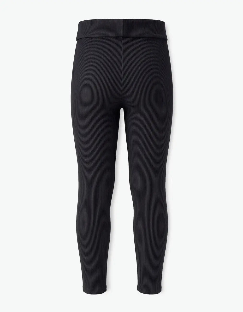 Black ribbed long leggings for girls, flat product shot back view showing the full length and ribbed stretch cotton on a white background