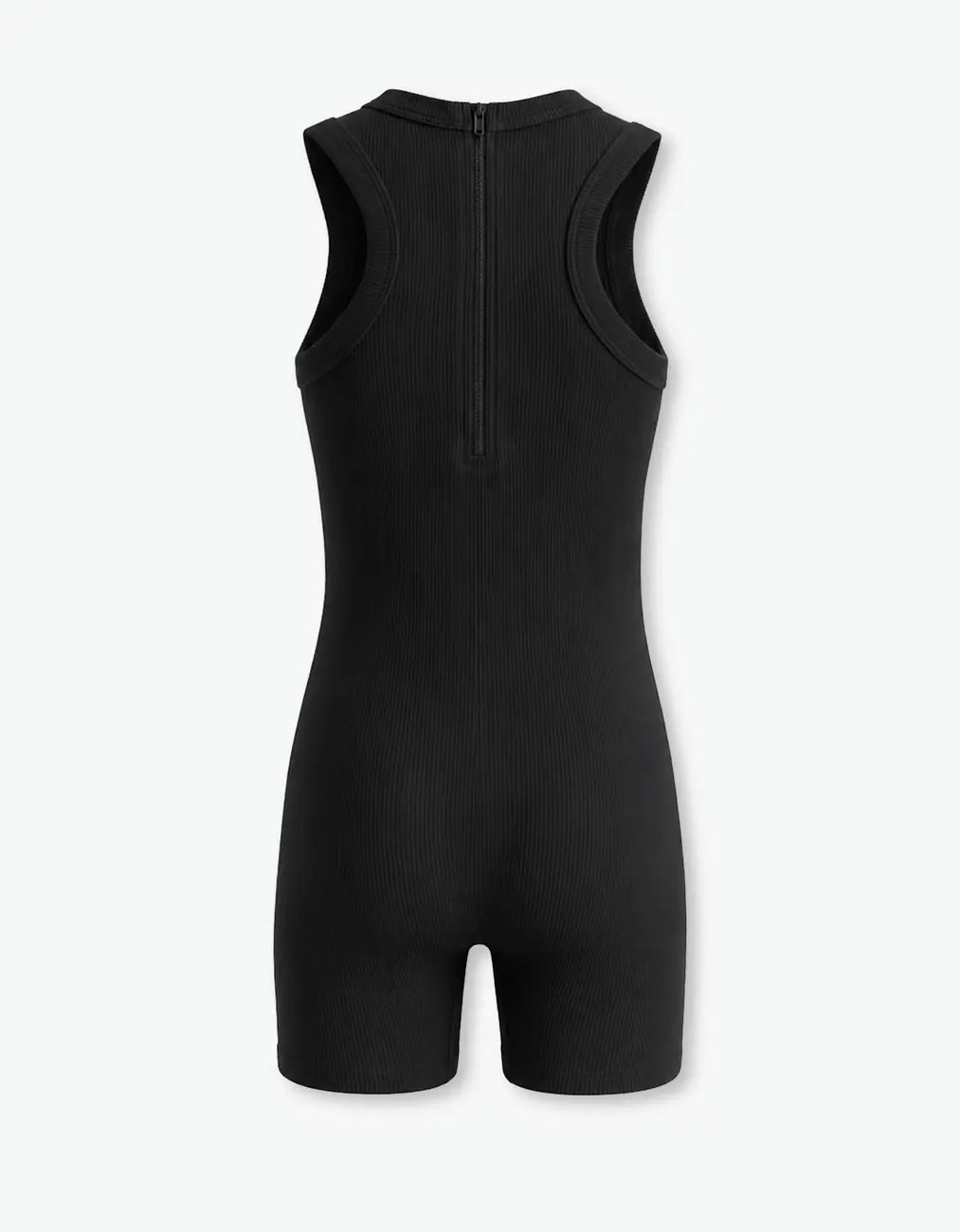 Black ribbed short romper for girls, back flat lay on white background