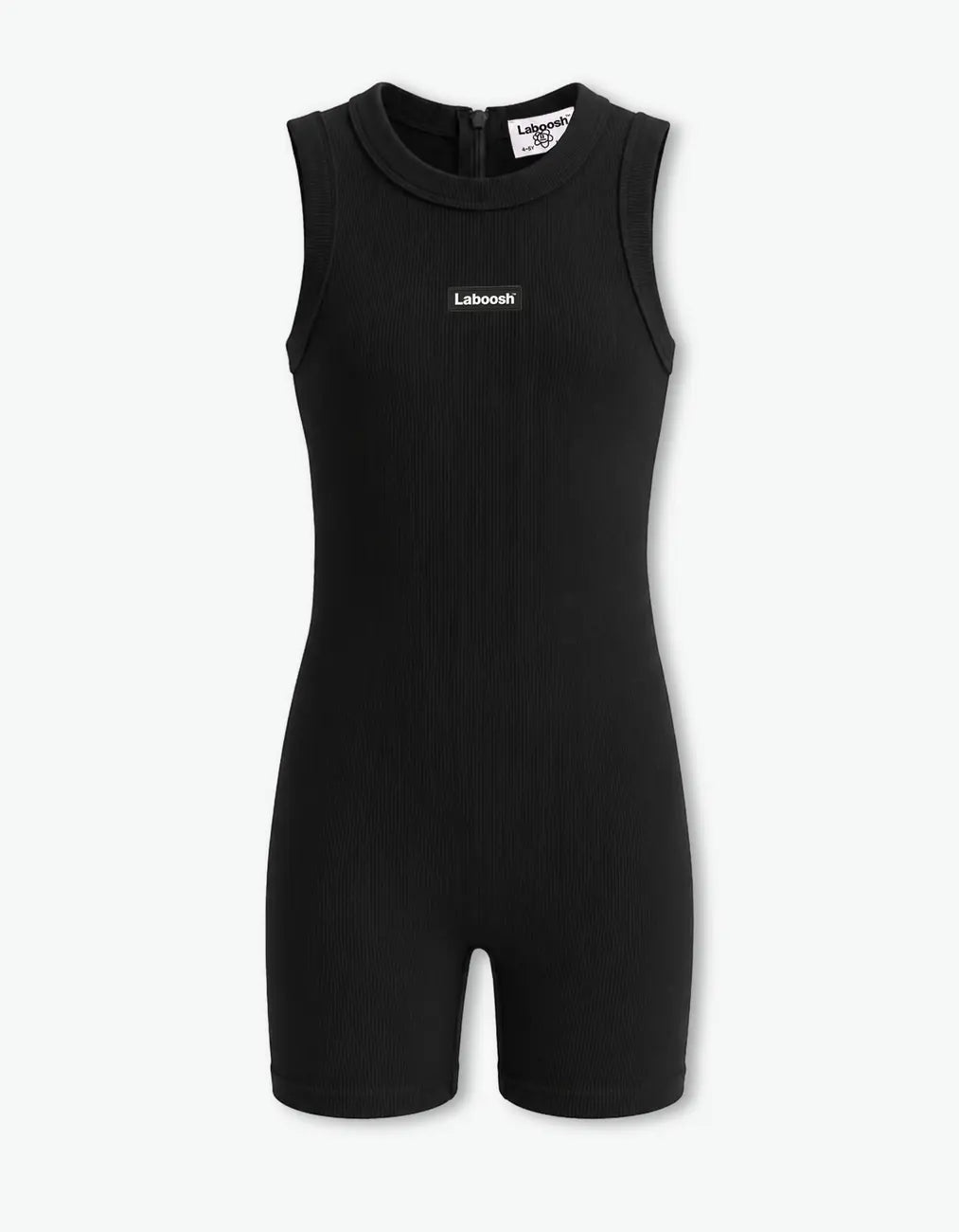 Black ribbed short romper for girls with Laboosh logo, front flat lay on white background