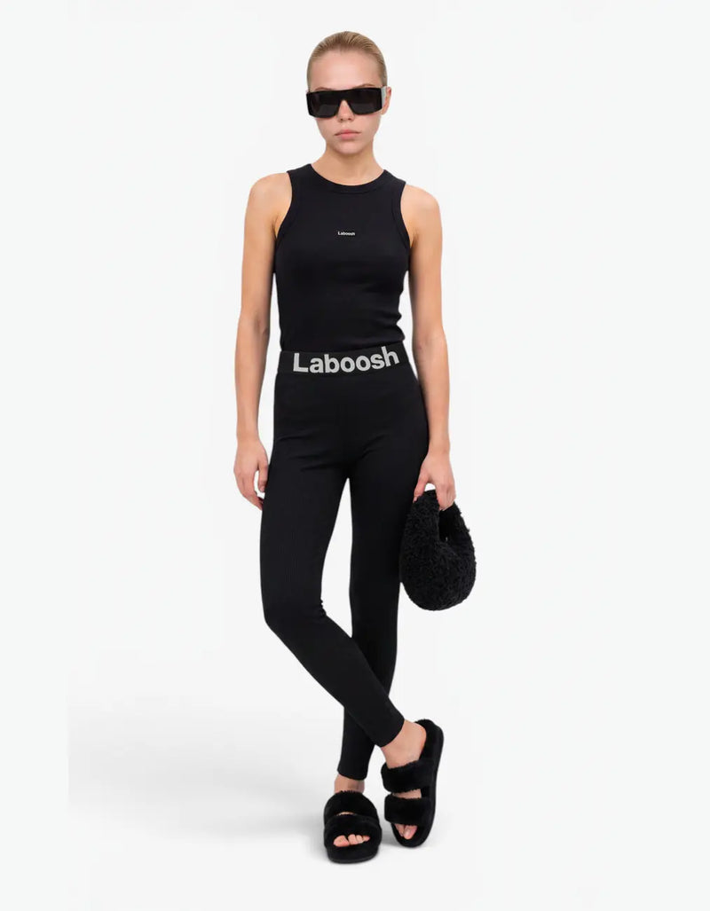 Black ribbed tank top for girls by Laboosh™, front view, sleeveless ribbed-knit racer-style tank styled with matching black ribbed leggings and Laboosh™ logo waistband on a white background
