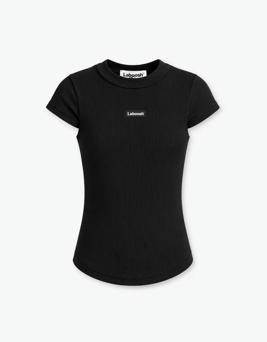 Girl wearing black ribbed short sleeve top, front view, with the Laboosh™ logo on the chest, shown with coordinating Rib Collection staples.