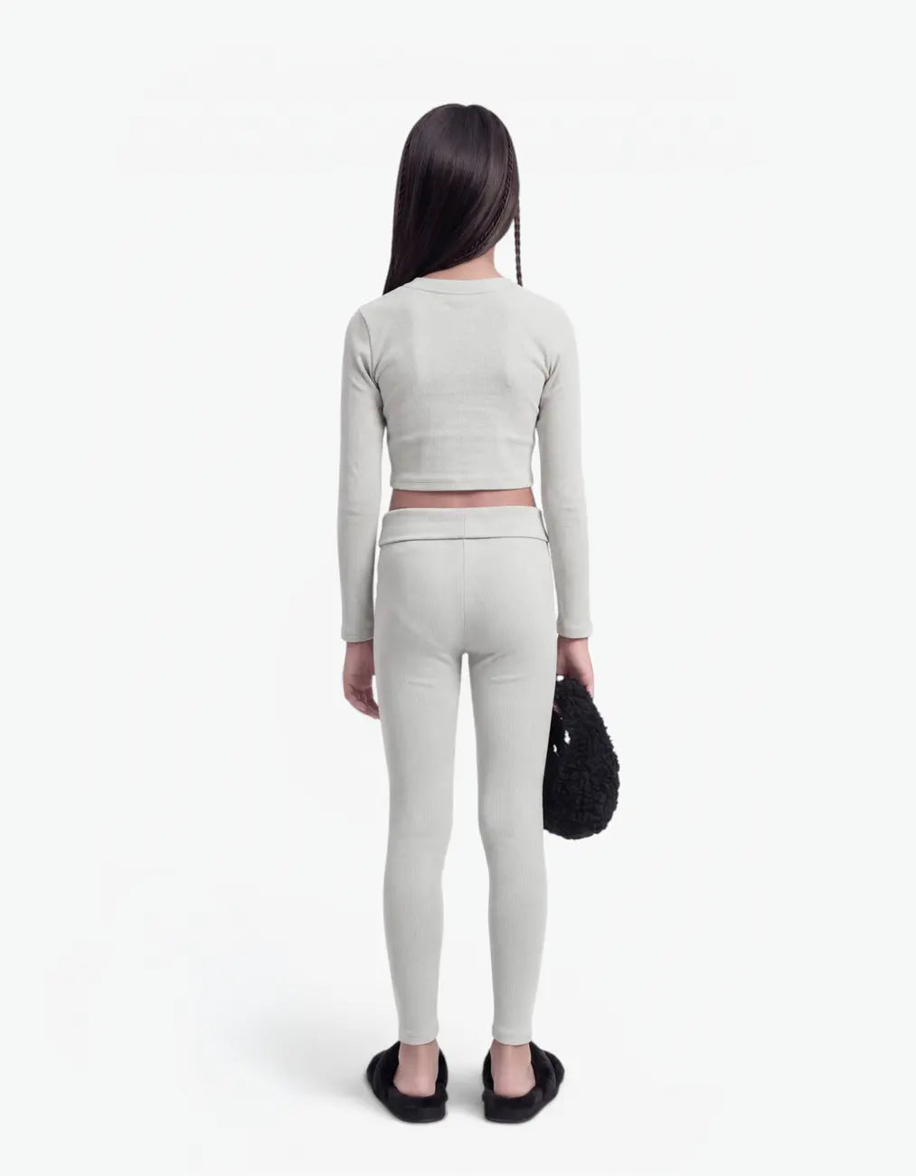 Grey ribbed crop top for girls by Laboosh™, back view, long-sleeve cropped ribbed-knit top with matching grey ribbed leggings, shown on a white background