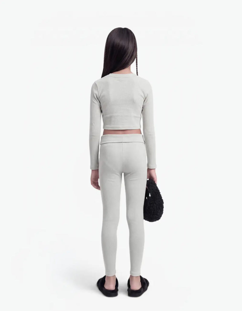 Grey ribbed crop top for girls by Laboosh™, back view, long-sleeve cropped ribbed-knit top with matching grey ribbed leggings, shown on a white background — alt view